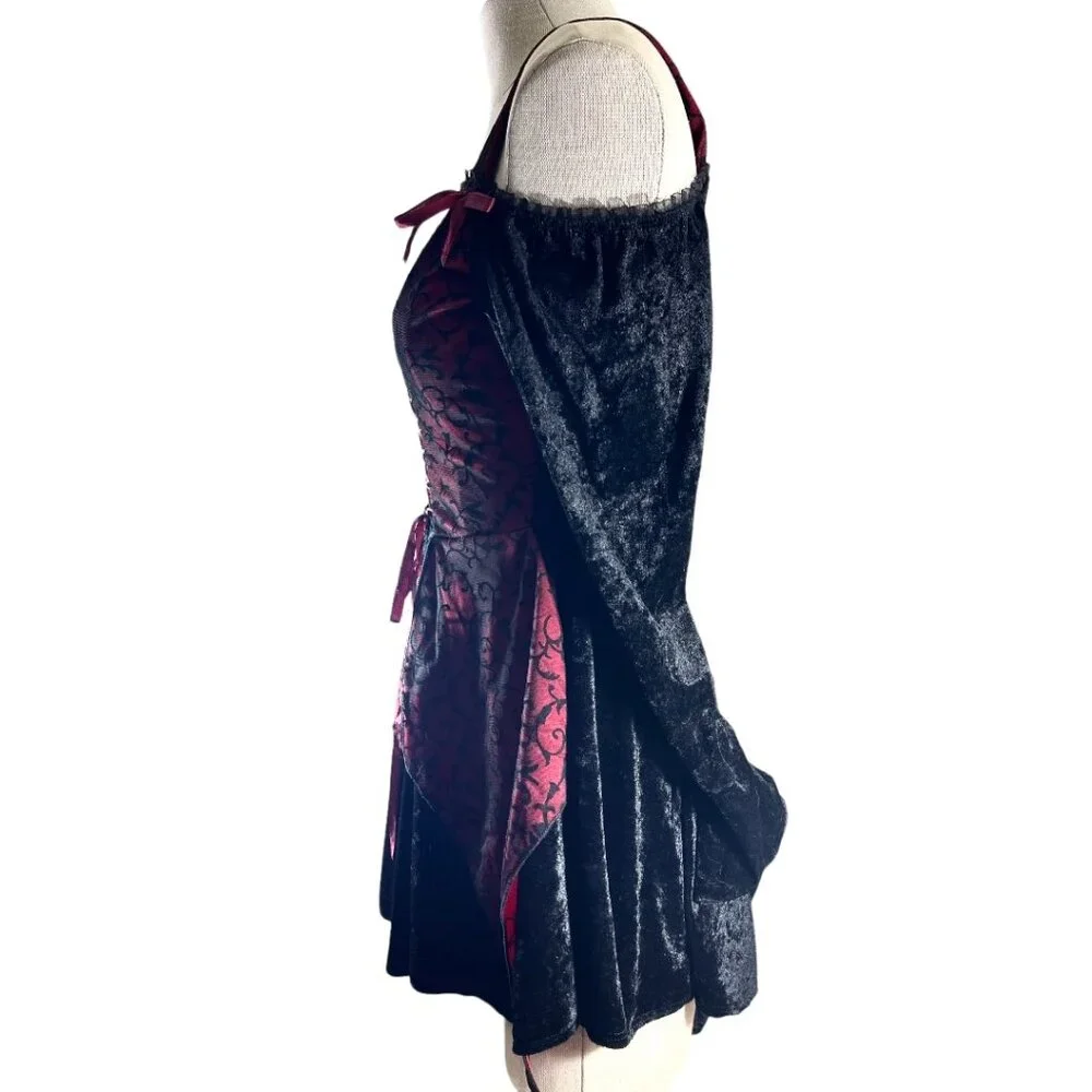 California Costume Black Velvet Burgundy w/ Mesh Elvira Sleeves Gothic Costume